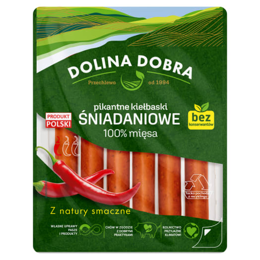 DOLINA DOBRA Pikantne kiełbaski śniadaniowe 100% mięsa
